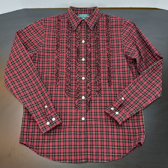Lauren Ralph Lauren Red Black Plaid Button Front Ruffle Shirt Sz PS 90’s Vtg - Picture 3 of 12